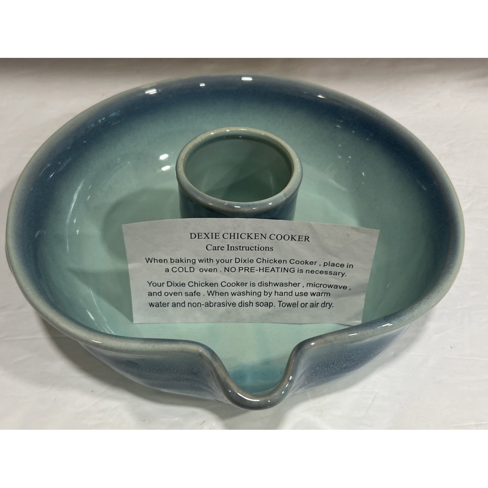 Pottery Dixie Chicken Cooker Roaster Drip Glazed Blue Green Handles Spout Nice!